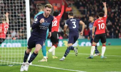 Kevin De-Bruyne - Stuart Armstrong - Nathan Redmond - Aymeric Laporte - Aymeric Laporte spares Manchester City’s blushes at battling Southampton - theguardian.com - Manchester