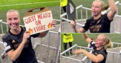Arsenal 5-1 Lyon: Beth Mead holds hilarious sign after Ballon d’Or 'guest' gaffe