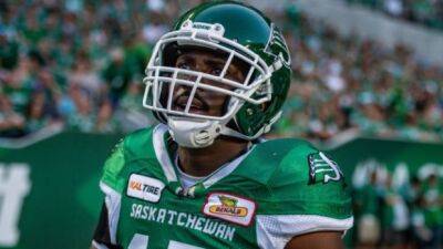 Riders' Edem carted off after collision vs. Stamps