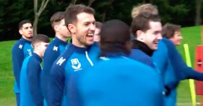 Aaron Ramsey laughs off Rangers blooper in first training session as he shares knowing Glen Kamara glance