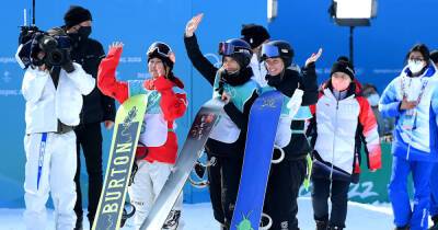 Women's snowboard stars mob big air winner Gasser, almost miss ceremony