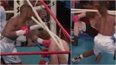 Floyd Mayweather, 19, brutally pummelling opponent through the ropes