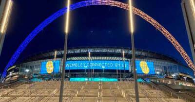 Frank Lampard - Vladimir Putin - Pictured: Wembley arch shines in colours of Ukrainian flag in solidarity gesture - msn.com - Britain - Russia - Manchester - France - Ukraine