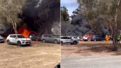 Great Western Racecourse fire in Victoria destroys up to 20 cars as punters run for safety