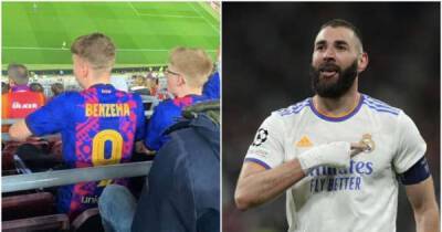 Barcelona fan at Nou Camp spotted with Benzema's name on their shirt after hat-trick v PSG