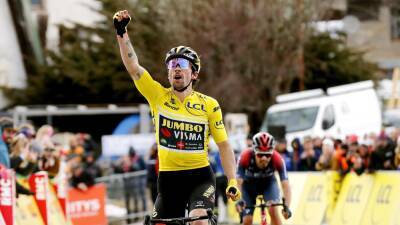 Dominant Primoz Roglic of Jumbo Visma sprints to victory atop the Col de Turini on Stage 7 of Paris-Nice