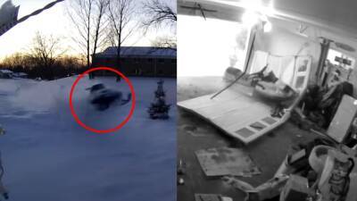 Una moto de nieve se estampa en un garaje y casi engancha a la familia