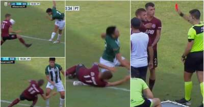 Most bizarre red card? Argentine footballer sent off after falling on opposition player [video]