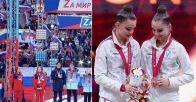 Russian gymnasts Dina and Arina Averina shown at Vladimir Putin’s pro-war rally
