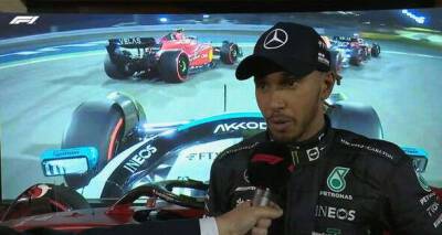 Lewis Hamilton reacts to Max Verstappen retirement after snatching third in Bahrain