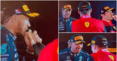 The moment Lewis Hamilton realised he wasn't drinking champagne on Bahrain GP podium