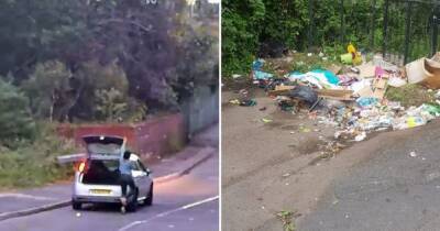 Shameless woman caught red-handed dumping rubbish from her Fiat Punto onto Manchester street next to the Etihad stadium
