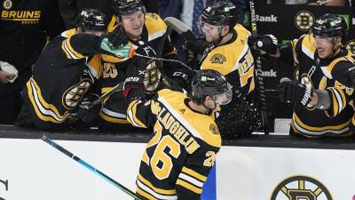 Patrice Bergeron - Charles Krupa - Brad Marchand - David Pastrnak - Taylor Hall - Jack Hughes - Linus Ullmark - Bruins bust out for 8-1 victory over Devils as Tuukka Rask honored - foxnews.com -  Boston - state New Jersey