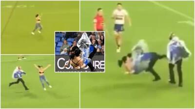NRL streaker: Female pitch invader wiped out by security guard