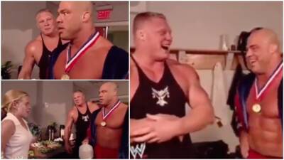Brock Lesnar - Kurt Angle - Brock Lesnar & Kurt Angle were WWE's perfect comedy duo - givemesport.com