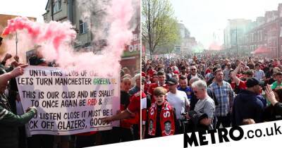 Manchester United fans sing ‘Joel Glazer’s gonna die’ during protest against owners outside Old Trafford