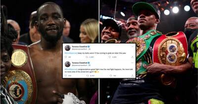 Terence Crawford reacts to Errol Spence Jr's win over Yordenis Ugas