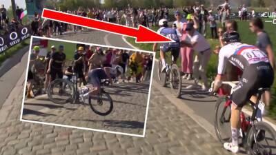 ‘He’s hit a spectator!’ – Disaster as fan wipes out Yves Lampaert in horror incident at Paris-Roubaix