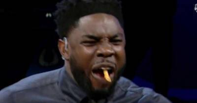 Micah Richards spits his pasta out in reaction to De Bruyne's goal