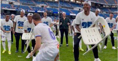 David Alaba celebrates Real Madrid’s La Liga title win with chair