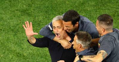 Overjoyed Jose Mourinho lifts up five fingers as AS Roma celebrate Conference League glory