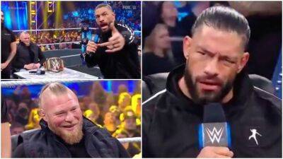 Roman Reigns destroying Brock Lesnar during WWE WrestleMania promo segment