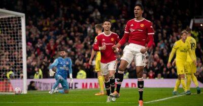 Raphael Varane reacts to scoring first Manchester United goal in Brentford win