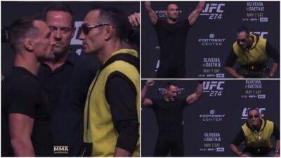 UFC 274: Tony Ferguson hilariously pretends to ankle pick Michael Chandler during faceoffs