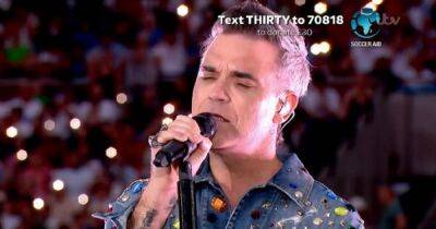 ITV Soccer Aid viewers can't believe their eyes as Robbie Williams wears sequinned double denim to perform Angels