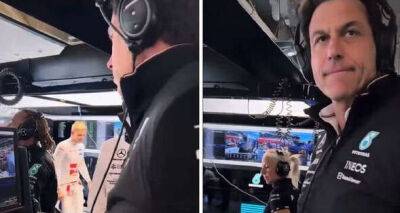 Toto Wolff looks on unimpressed as Mick Schumacher gets lost in Mercedes garage