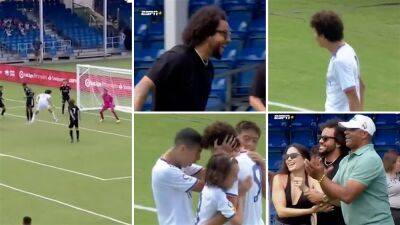 Marcelo and his son do Ronaldo celebration after goal for Real Madrid academy