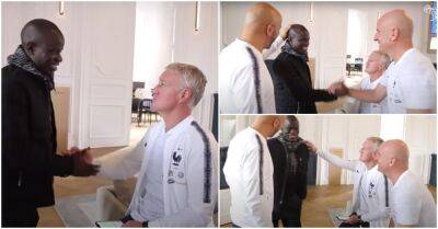 N’Golo Kante arriving late for France training in 2018 and being showered with love