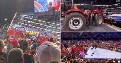 WWE SummerSlam: Brock Lesnar lifts the ring with a tractor during Roman Reigns match