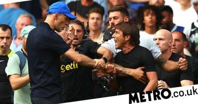 Thomas Tuchel - Antonio Conte - Marc Cucurella - Edouard Mendy - Cesar Azpilicueta - Cristian Romero - Kai Havertz - Harry Kane - Pierre Emile Hojbjerg - Antonio Conte and Thomas Tuchel sent-off after clashing following Tottenham’s late equaliser at Chelsea - metro.co.uk