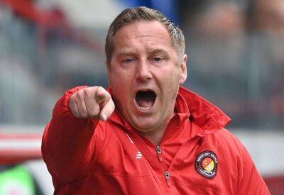 Ebbsfleet United manager Dennis Kutrieb reacts to 4-2 win over Farnborough in National League South