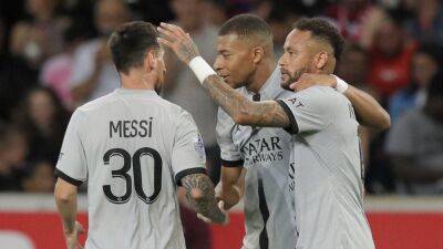 Lionel Messi - Christophe Galtier - Mbappe scores fastest Ligue 1 goal and Neymar nets brace as PSG rout Lille - in pictures - thenationalnews.com - France - Brazil