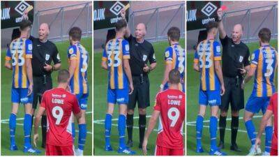 Alan Haines goes full Mike Dean when giving Shrewsbury's Tom Flanagan a red card