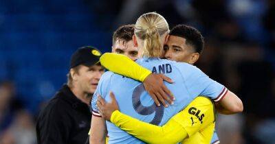 Jude Bellingham reacts to Erling Haaland winning goal for Man City vs Borussia Dortmund