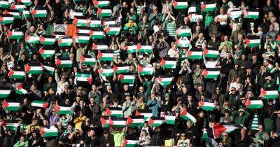 Celtic fans show Palestine support as hundreds of flags held up at Tynecastle