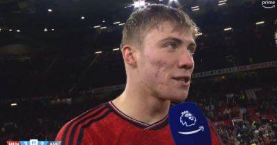 Manchester United striker Rasmus Hojlund reacts after scoring his first Premier League goal