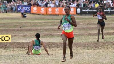 Letesenbet Gidey falls, helped up with world cross-country championships finish in sight