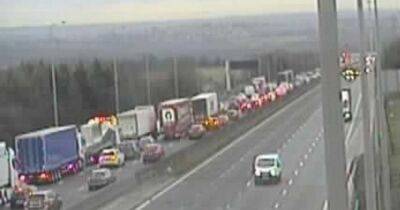 Huge queues building on M62 towards Greater Manchester after crash