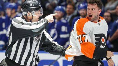 Philadelphia Flyers - Corey Perry - John Tortorella - Flyers' DeAngelo ejected after spearing Lightning's Perry below belt - espn.com - county Bay