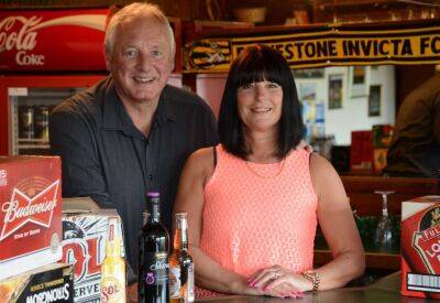 End of an era at Folkestone Invicta as Pauline Cugley - wife of Neil Cugley - stands behind the bar at Cheriton Road for the final time this weekend