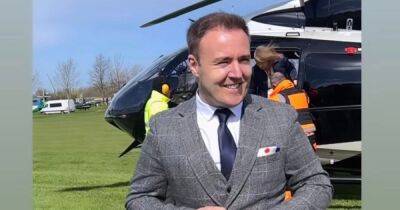 ITV Coronation Street's Alan Halsall looks suave as he emerges from private helicopter before before 'flying' it home after rare appearance with co-star