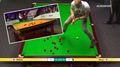 Joe Perry - Mark Allen - Robert Milkins - World Snooker Championship 2023 protest: Just Stop Oil activists invade the Crucible and throw powder on table - eurosport.com -  Sheffield