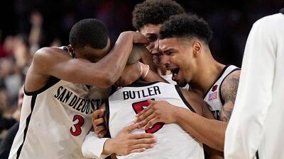 San Diego State's Lamont Butler nearly stepped out of bounds before buzzer-beating shot