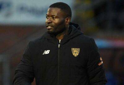 Manager George Elokobi sees Maidstone United concede their 100th National League goal this season as Notts County win 5-2 at the Gallagher Stadium