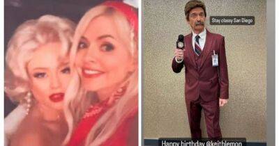 Tess Daly unrecognisable in Pulp Fiction wig for Leigh Francis' 50th birthday with Holly Willoughby as Barbie and Phillip Schofield as Ron Burgundy