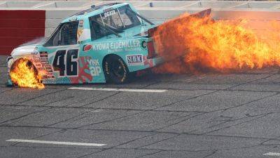 NASCAR driver Akinori Ogata's truck goes up in flames during practice round
